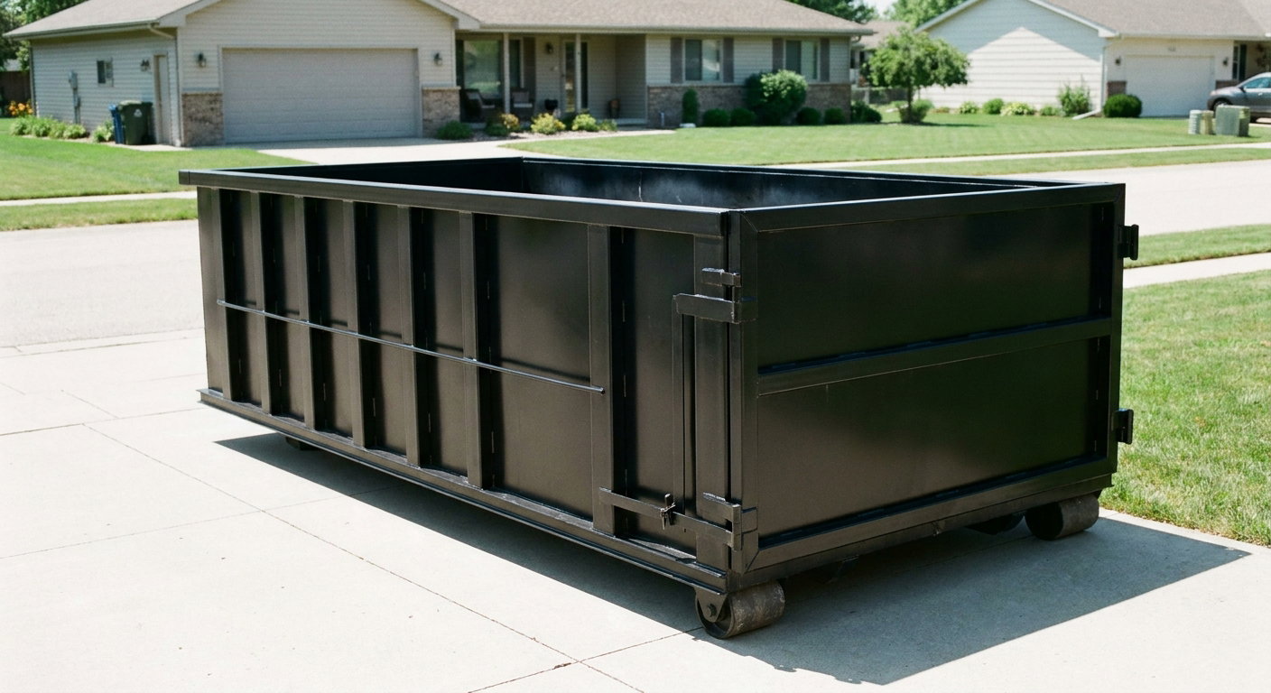 Matte-black 10-yard roll-off dumpster on a residential concrete driveway in Warrenton, uniformly painted matte black across every panel and rail, ribbed steel sidewalls and rear swing door visible, mid-day daylight.