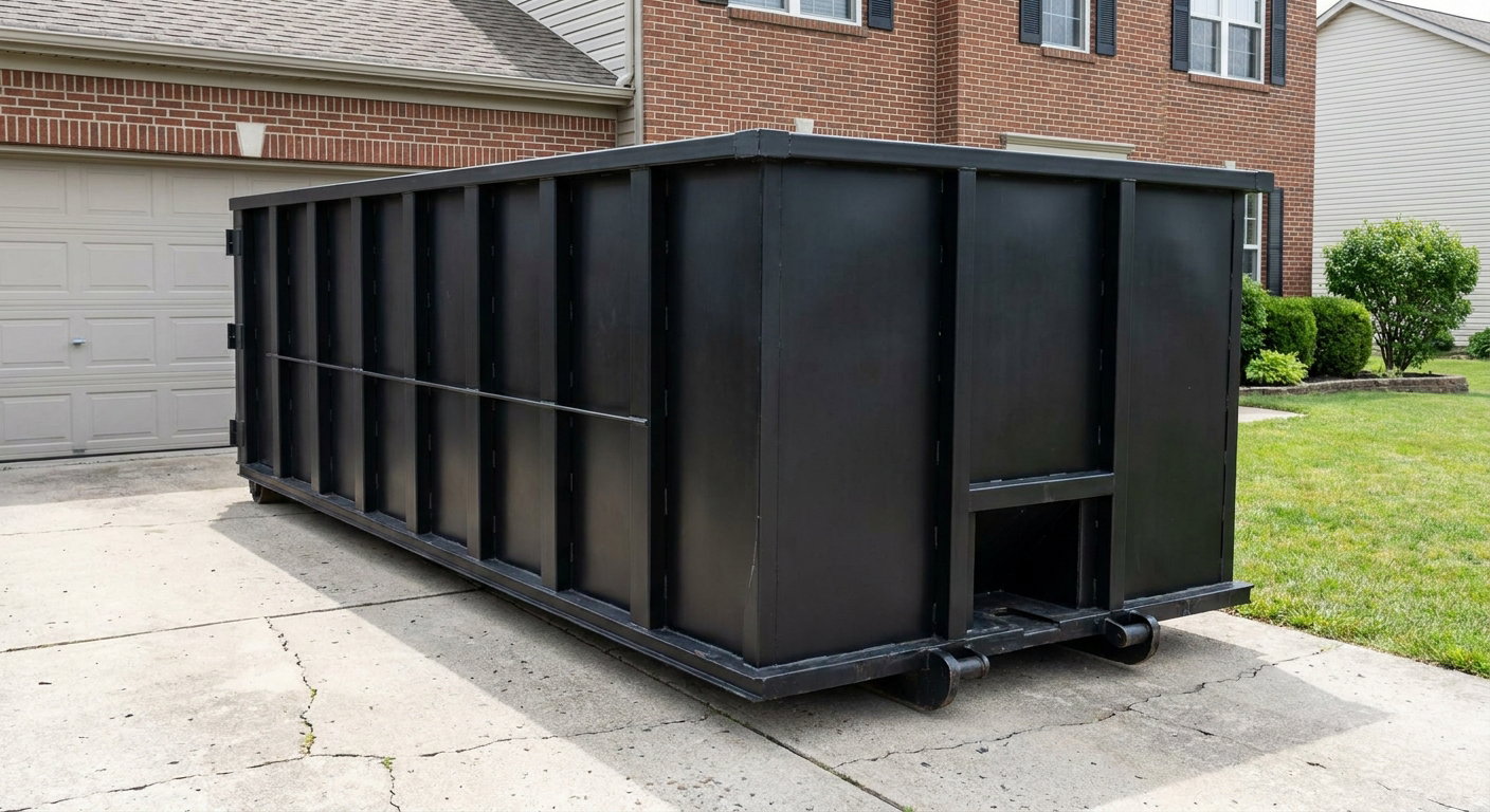 Matte-black 20-yard roll-off container on a Warrenton residential concrete driveway with reinforced ribbed steel sidewalls and a hinged rear walk-in door, clean bright daylight.