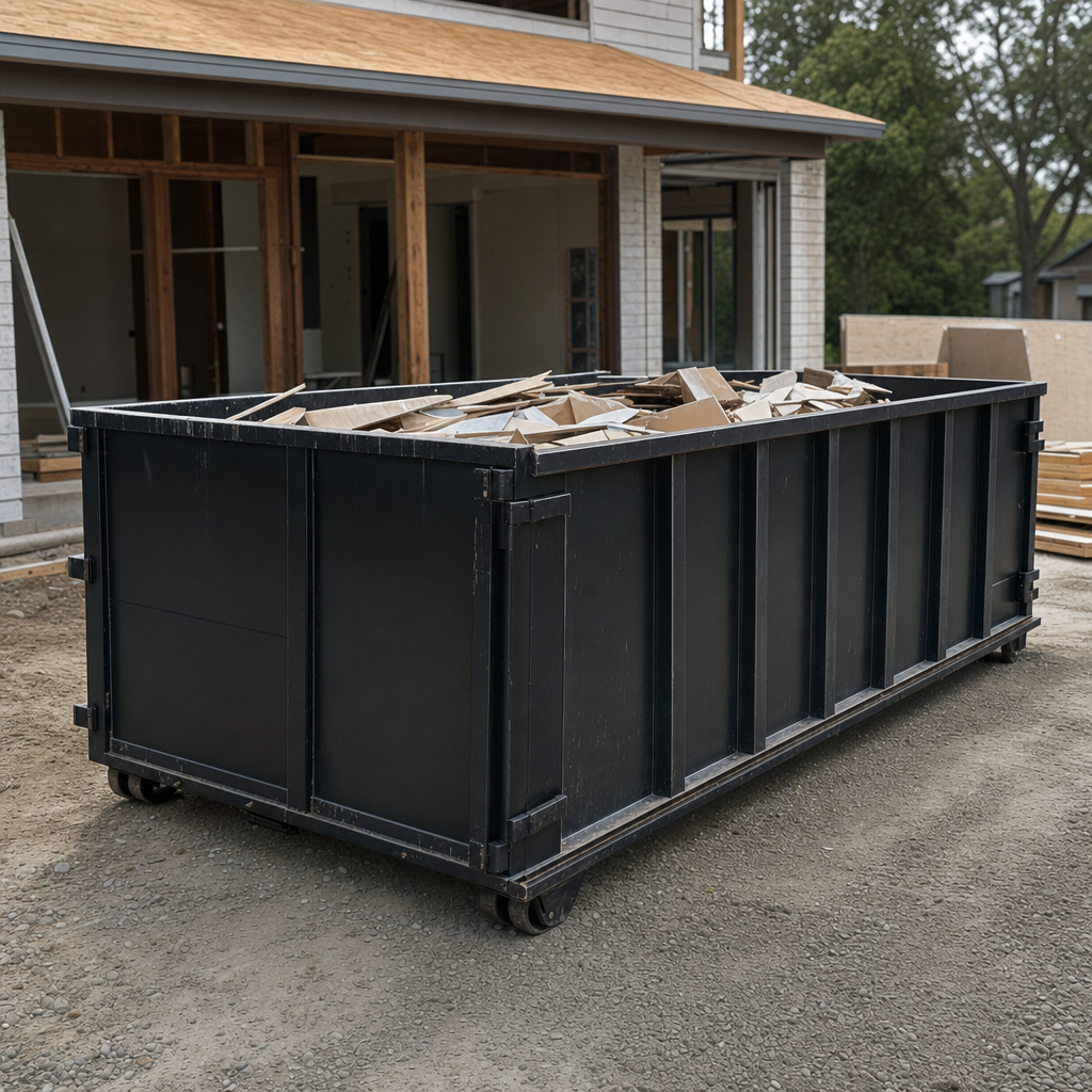 Large matte-black 30-yard construction roll-off dumpster at an active Warrenton jobsite, steel-gray top rails and bottom rollers visible, loaded with construction debris.