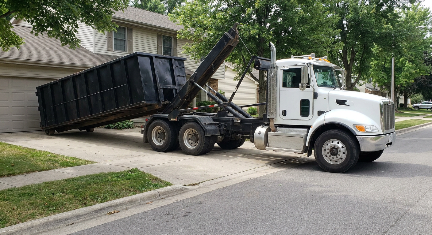 White-cab hooklift roll-off truck actively lowering a matte-black dumpster onto a Warrenton residential concrete driveway, the dumpster's rear wheels touching the driveway as the hoist arm tilts the bed forward, mid-morning daylight.