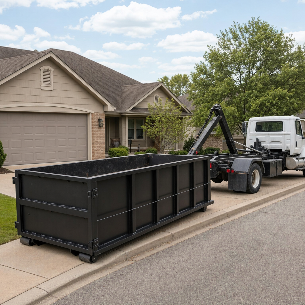 Wide documentary shot of a matte-black roll-off dumpster on a Warrenton residential driveway in the foreground and a contractor jobsite container in the soft-focus background, bright daylight, calm and orderly composition.