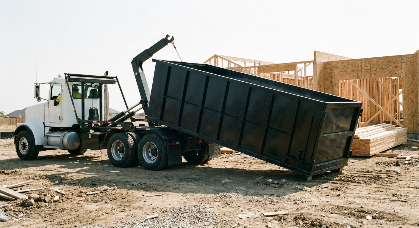 Matte-black roll-off dumpster being delivered onto a clean residential concrete driveway in Warrenton by an unmarked white hooklift hauler truck, bright morning daylight, documentary 35mm perspective.